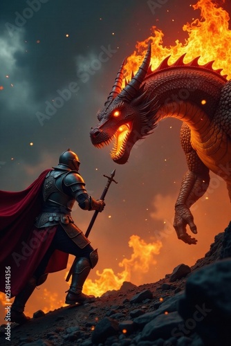 armored knight charging at a fierce dragon with flames engulfing its scales, sword, battle