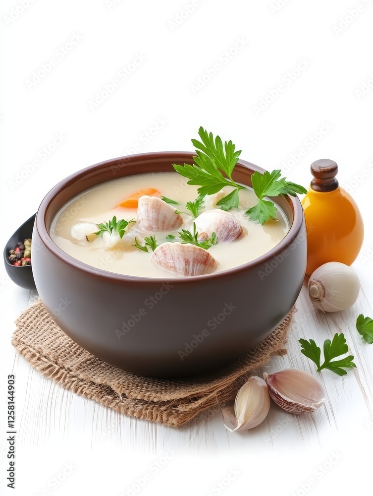Creamy Seafood Chowder in Bowl - Delicious creamy seafood chowder in a rustic bowl, garnished with fresh parsley, served with garlic and pepper Creamy Seafood Chowder in Bowl - Delicious creamy seafood chowder in a rustic bowl, garnished with fresh parsley, served with garlic and pepper