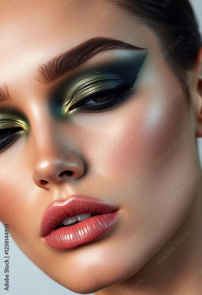 A captivating close-up portrait showcasing bold green and gold eye makeup, sharp eyeliner application, and a polished, sophisticated appearance. Ideal for beauty and fashion-related themes or concepts A captivating close-up portrait showcasing bold green and gold eye makeup, sharp eyeliner application, and a polished, sophisticated appearance. Ideal for beauty and fashion-related themes or concepts