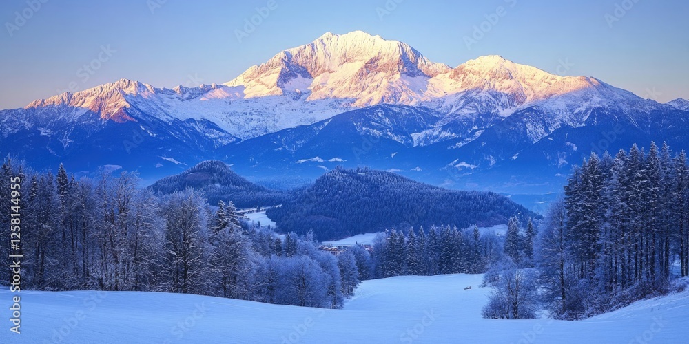 Spectacular view of snow-capped alpine mountains at sunrise. A picturesque winter landscape featuring a mountain peak and clear sky. Spectacular view of snow-capped alpine mountains at sunrise. A picturesque winter landscape featuring a mountain peak and clear sky.