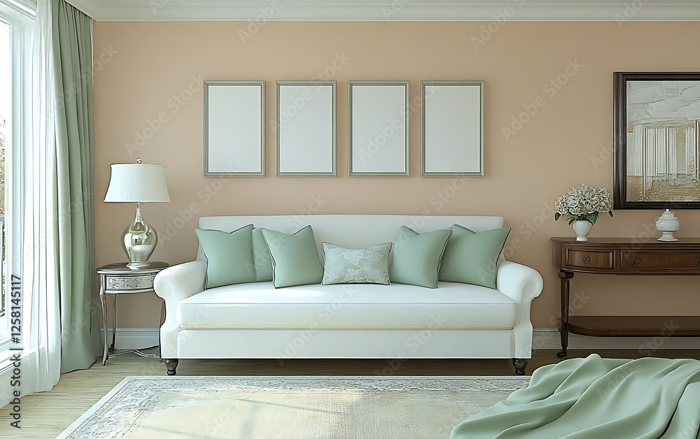 Fototapeta premium Elegant living room interior design, peach walls, white sofa, green pillows, rug
