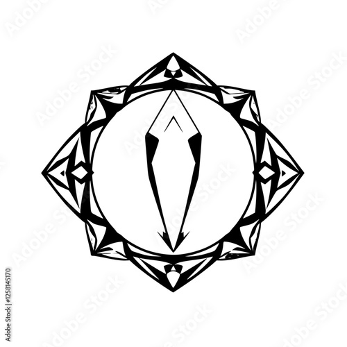 A geometric black and white design featuring a central "diamond" and an outer octagonal shape with diamond-shaped motifs and a geometric style.