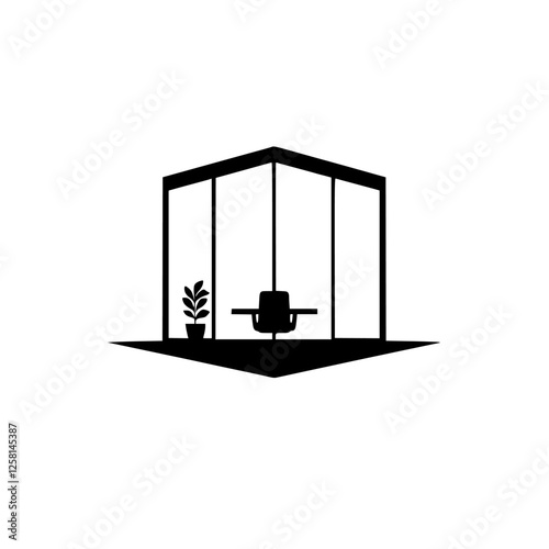 Minimalist Office Interior: A black and white illustration of a cubicle with a chair, a plant, and clear glass walls.