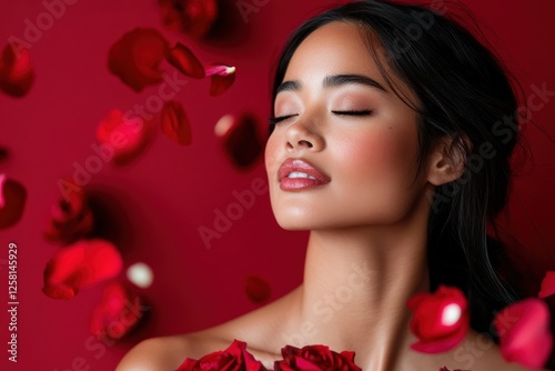 This captivating image features a serene woman with closed eyes, gracefully adorned with rose petals against a rich red backdrop, evoking feelings of beauty and romance.