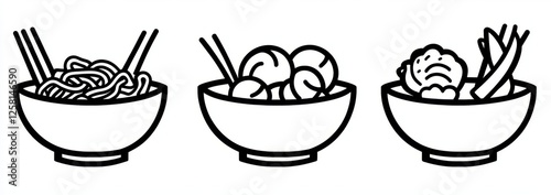 An assortment of line icons depicting Asian food, highlighting people eating ramen noodles from various types of bowls and takeaway boxes photo