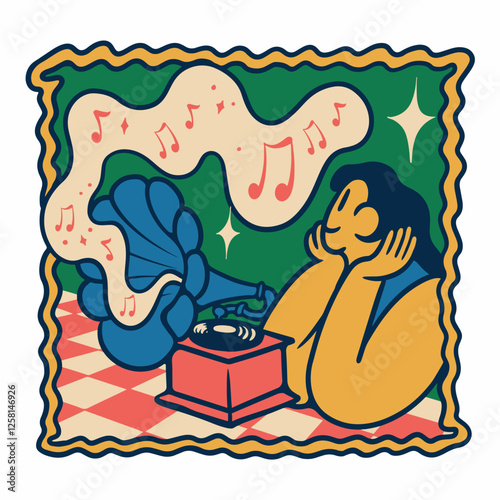 Teenage woman listening to music with vynil records