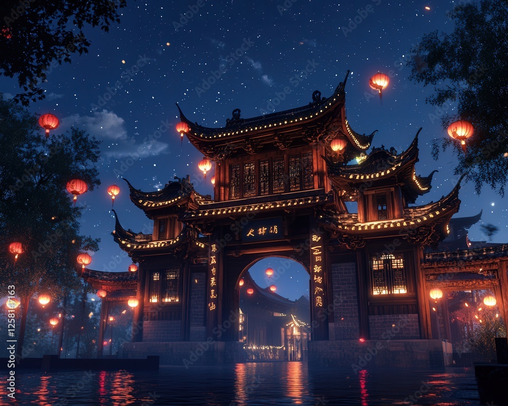a traditional Chinese structure, with glowing red lanterns outlining the edges of the building, creating a vibrant and historic feel under the night sky a traditional Chinese structure, with glowing red lanterns outlining the edges of the building, creating a vibrant and historic feel under the night sky