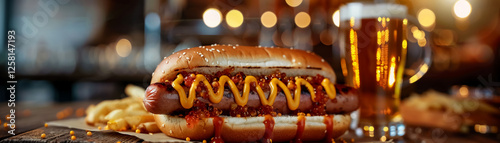 Delicious hot dog with mustard and chili, served with fries and beer