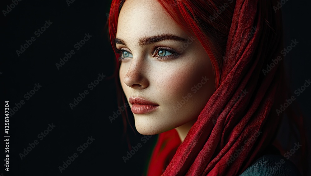 A stunning woman with sleek hair and makeup, draped in vibrant red fabric that cascades down her shoulders against the dark background A stunning woman with sleek hair and makeup, draped in vibrant red fabric that cascades down her shoulders against the dark background