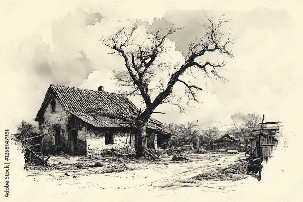 Obraz premium Old abandoned house with bare tree in desolate village during overcast day
