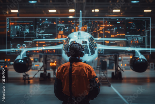 An aircraft technician in an orange safety suit monitors a futuristic digital interface displaying diagnostics and schematics of an airplane inside a hangar.   photo