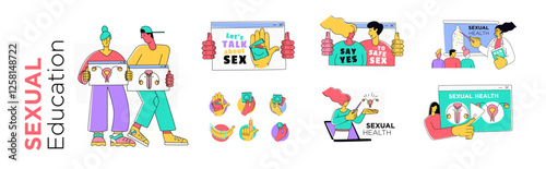 Sexual Education and Safe Sex Awareness Illustrated Concepts. Sexual Health and Education Visual Set with Safe Sex Tips. Let's Talk About Sex: Educational vector Illustration Pack