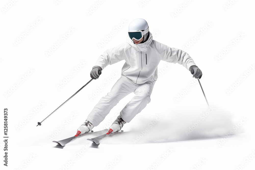 Professional skier wearing white ski suit, helmet and goggles, skiing downhill at high speed on white background, generating snow powder cloud Professional skier wearing white ski suit, helmet and goggles, skiing downhill at high speed on white background, generating snow powder cloud