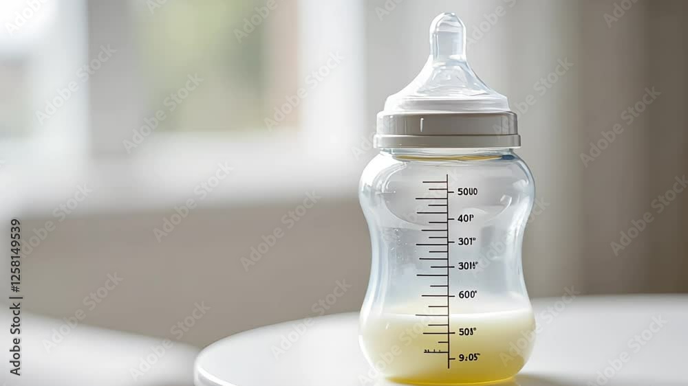 Healthy baby sleeping in cot, focus on bottle with milk