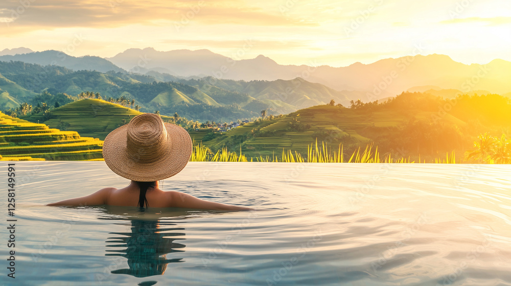 Woman with straw hat relaxing in infinity pool enjoying beautiful sunset view over rice terraces