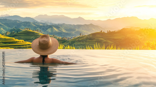 Obraz na płótnie Woman with straw hat relaxing in infinity pool enjoying beautiful sunset view over rice terraces w salonie