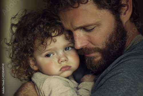 A close-up of a father lovingly hugging his child, showcasing the warmth and tenderness of parenthood.