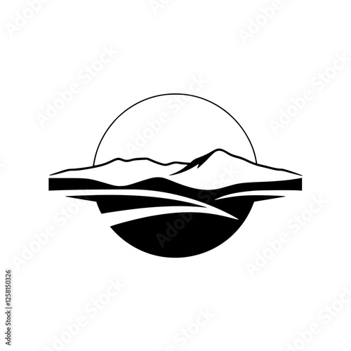 Sunset Over Mountains: Simple yet evocative, a black and white silhouette of a mountain range with a rising sun/moon, and a partial black base, possibly a reflection.