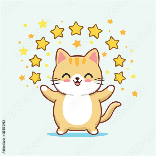 Kawaii cat summoning tiny floating stars with its paws