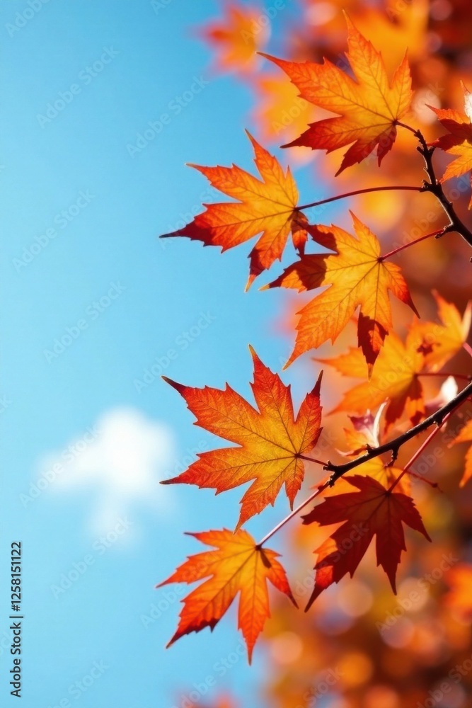 Autumn branch with vibrant orange leaves against a blue sky, scenery, trees Autumn branch with vibrant orange leaves against a blue sky, scenery, trees