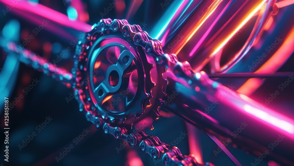 Fototapeta premium Neon Bicycle Chain and Sprocket Close-Up: A Vivid Display of Bicycling Mechanics