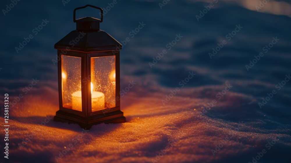 lighted lantern in snowy landscape at night lighted lantern in snowy landscape at night