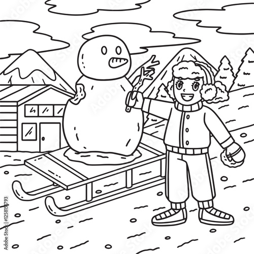 Sledding Girl Building a Snowman Coloring Page 
