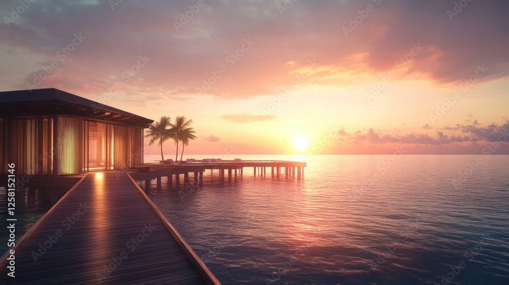 Tropical sunset overwater bungalow; calm ocean, palm trees; luxury vacation Tropical sunset overwater bungalow; calm ocean, palm trees; luxury vacation