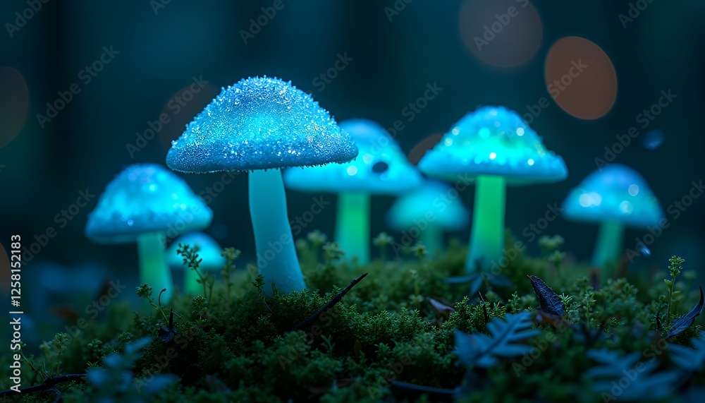 Fototapeta premium Glowing Mushrooms in Enchanted Forest Magical Night Scene with Moss