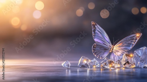 Crystal Butterfly and Gems - A translucent purple butterfly rests on sparkling crystals, set against a bokeh background. Elegant and magical photo