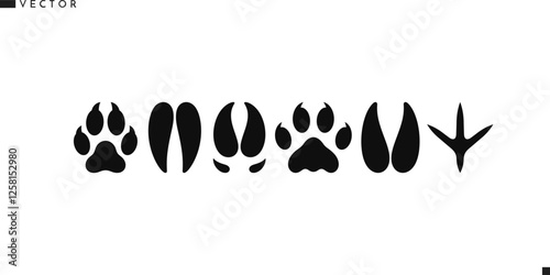 Animal paw prints icon set. Isolated bull cow pig wolf deer goat pigeon panther leopard and fox paw prints vector illustration 