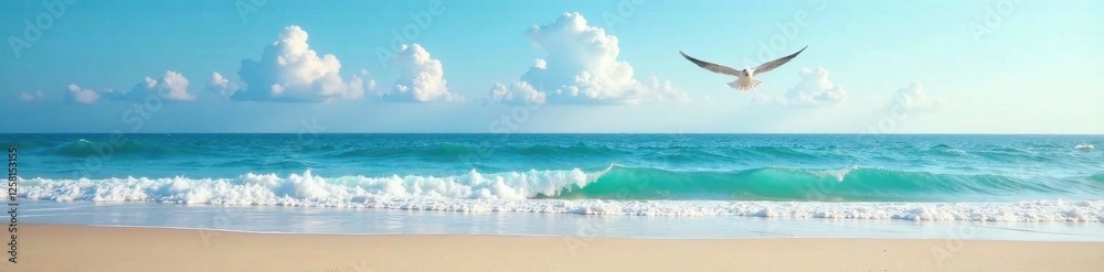 Beach scene with calm ocean waves and seagulls flying overhead , wildlife, beach, ocean Beach scene with calm ocean waves and seagulls flying overhead , wildlife, beach, ocean