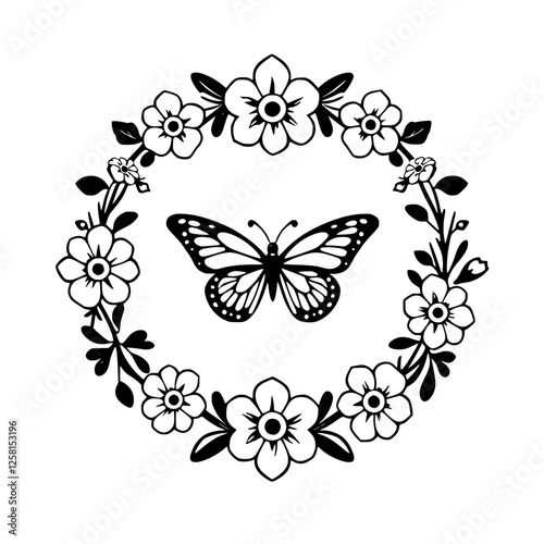 Black and white minimalist depiction of a butterfly inside a floral wreath.