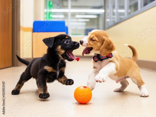 Puppies playing in a veterinary clinic waiting room, engaging in playful behavior. Highlighting joy and anticipation, ideal for veterinary clinics and pet care environments.