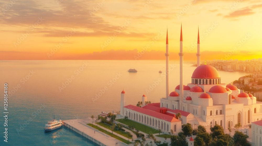 Obraz premium Coastal Mosque at Sunset - Stunning aerial view of a grand coastal mosque at sunset, boats on calm waters, city skyline in background