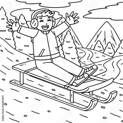 Sledding Boy with Hands in the Air Coloring Page 