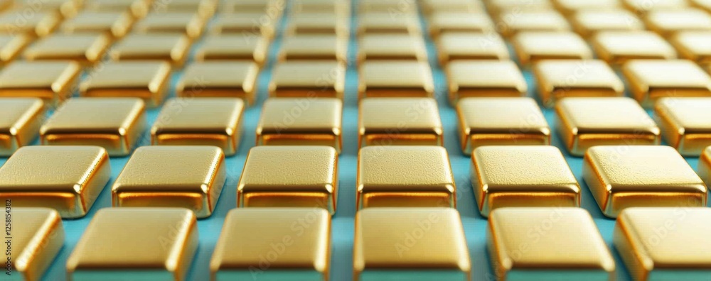 Naklejka premium A close-up view of shiny gold bars arranged in a neat grid, creating an elegant and luxurious texture and pattern.