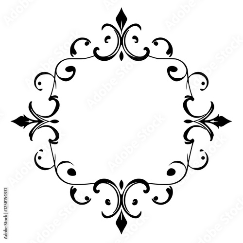 Black filigree elegant frame in white background, detailed symmetrical decorative design.