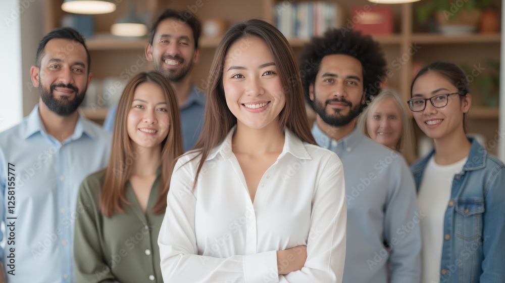 Fototapeta premium diverse group of professionals smiling together in office setting, showcasing teamwork and collaboration