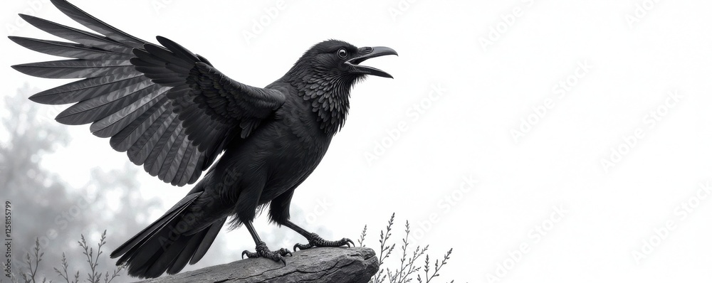 Fototapeta premium Black and white illustration of a cawing crow, , crow, wildlife art