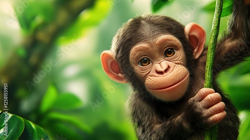 Cute Young Monkey Smiling Playfully in a Lush Green Jungle Scene