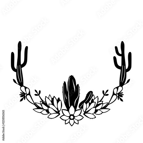 Elegant minimalist black and white illustration of desert flora, cactus, floral wreath, in a simple and graphical style, emphasizing the contrast.