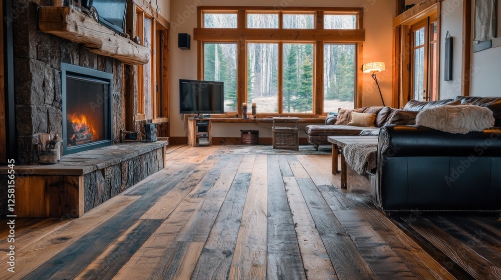 Rustic Mountain Cabin Living Room with Fireplace and Reclaimed Wood Floor