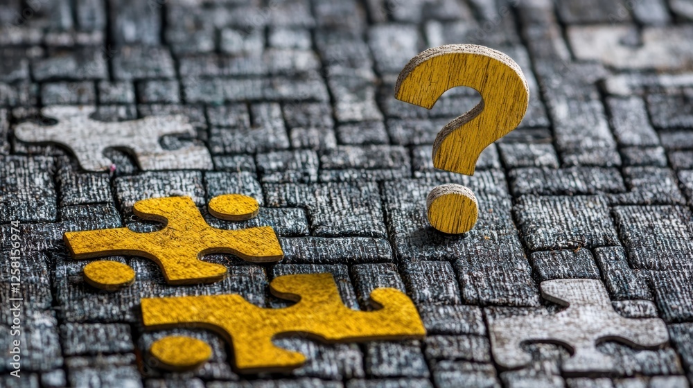 Fototapeta premium A thought-provoking scene featuring yellow wooden puzzle pieces and a question mark on a textured surface, symbolizing uncertainty.