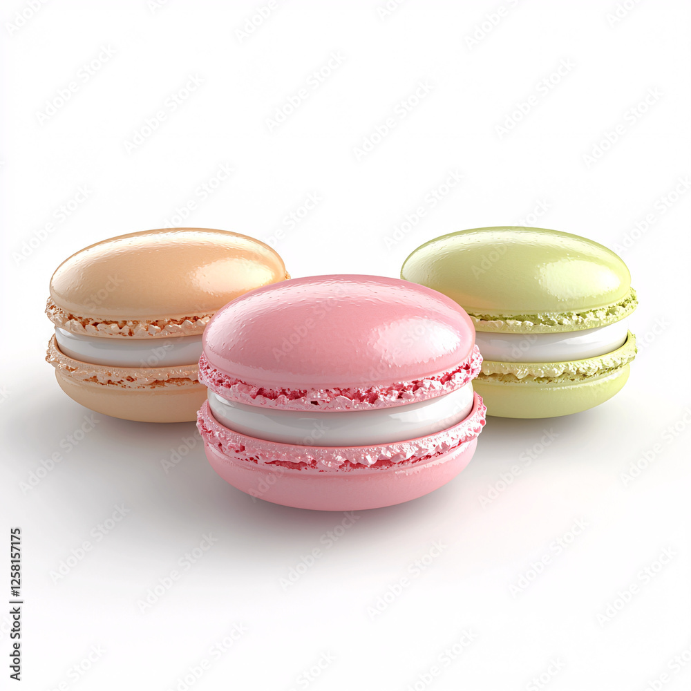 Three colorful macarons in a row, peach, pink and light green, on a plain white surface. Three colorful macarons in a row, peach, pink and light green, on a plain white surface.