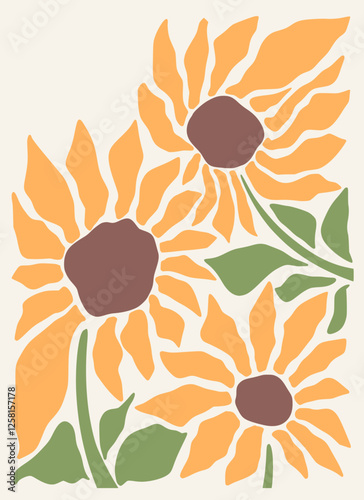 Sun flowers botanical flower framed art print hand drawn leaves shapes matisse style, naive art, contemporary background. Sun flowers vector illustration