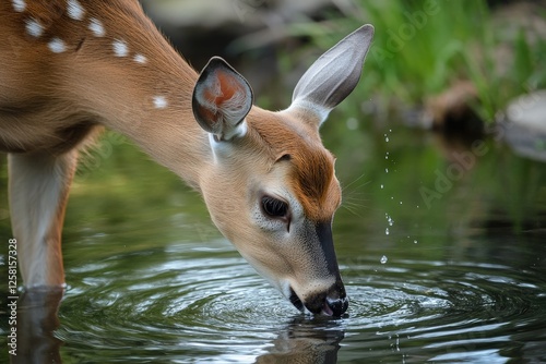 Deer Drinking. Graceful Cervid Animal Sipping Water at Duck Pond photo