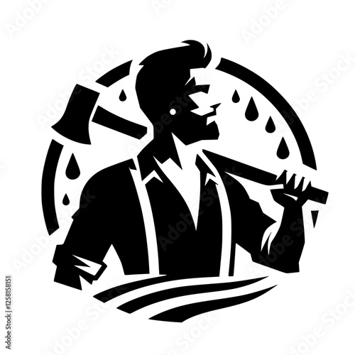 Silhouette of a strong logger with an axe, set within a circular frame featuring water droplet accents.