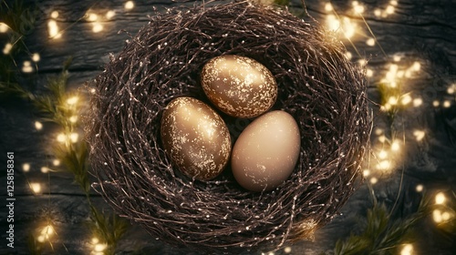 Nest of Golden Eggs Symbolizing Wealth and Prosperity in an Artistic and Elegant Arrangement