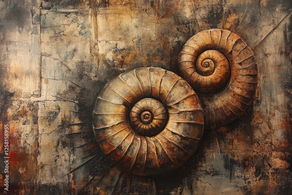 Obraz premium Two intricately designed ammonite fossils displayed against an abstract textured background in warm earthy tones